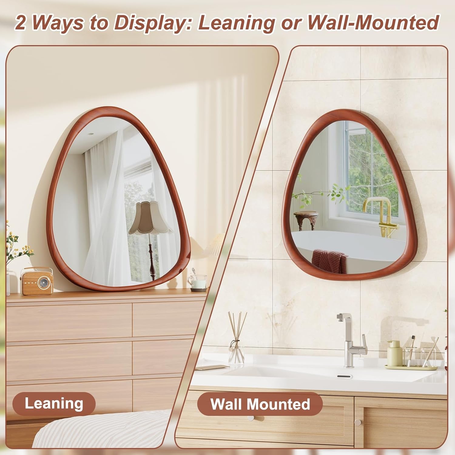 Triangular Wall Mirror, 28×34 Inches Hanging Wood Frame, Versatile for Bathroom Decor, Vanity Mirror,And Abstract Wall Art for Living Room, Walnut.