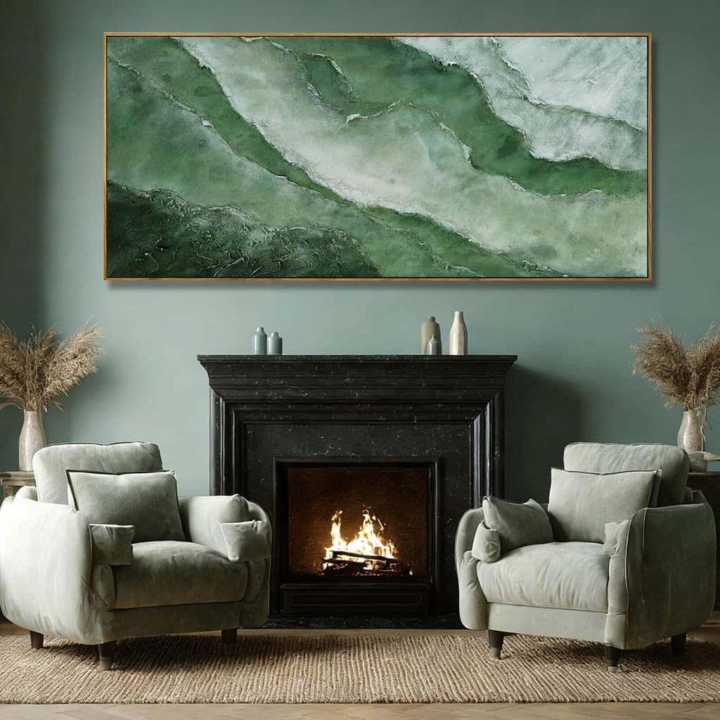 Large Canvas Wall Art 32X70 Inch, Green Landscape Style Framed Canvas Wall Art, Modern Horizontal Printed Wall Art with Wooden Frame for Living Room Decor