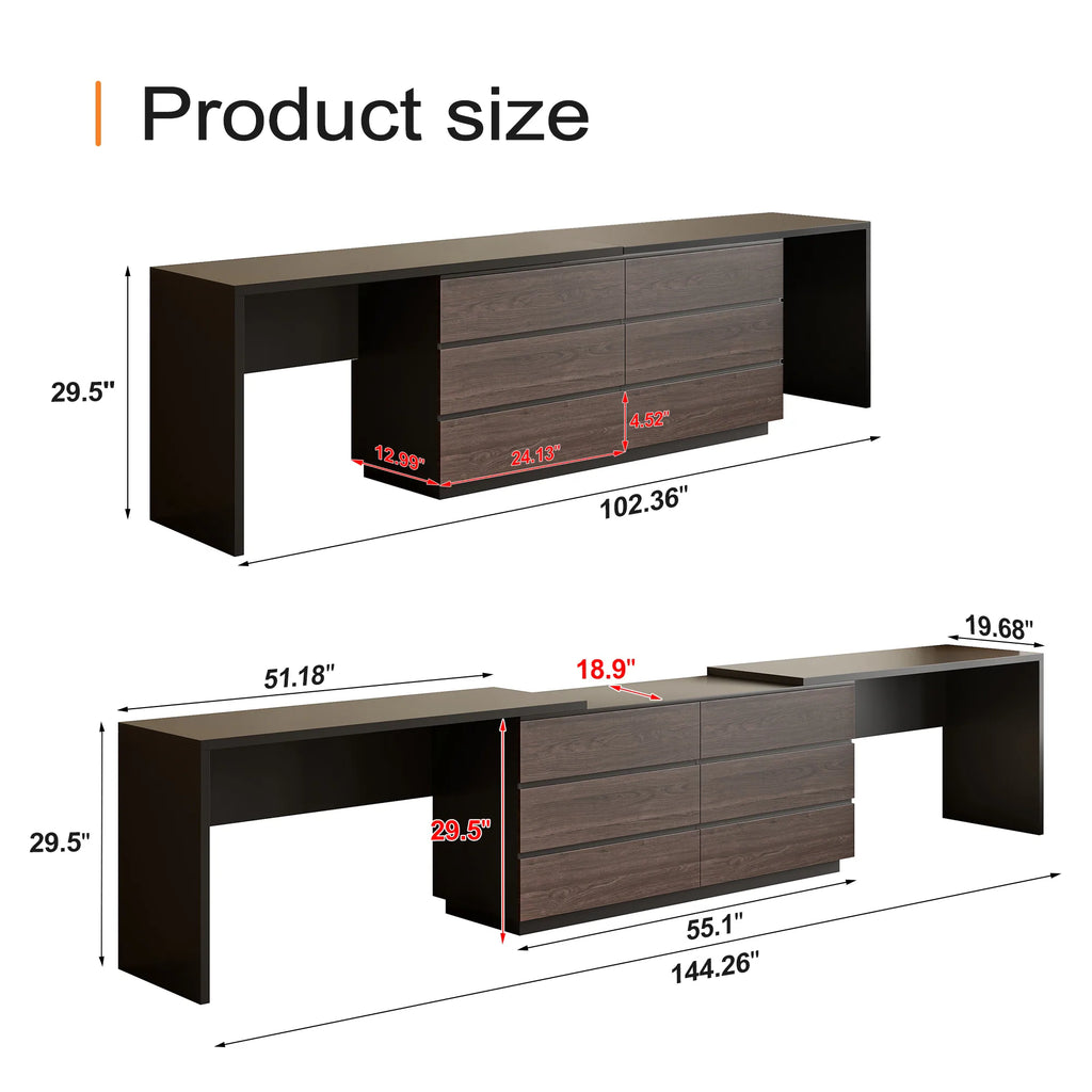 144 Inch Modern Home Office Expandable Dresser Desk with 6 Drawers for 2 Person