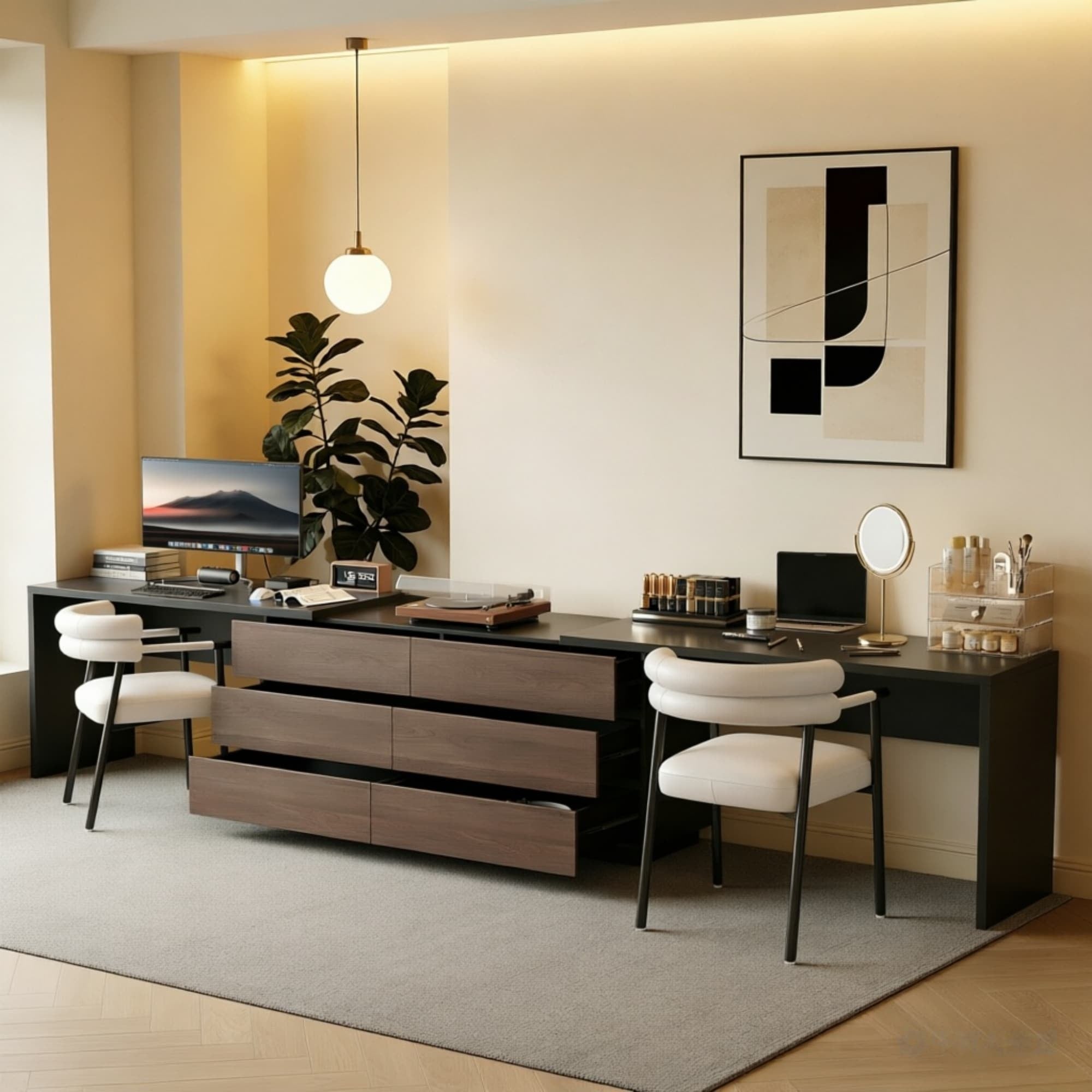 144 Inch Modern Home Office Expandable Dresser Desk with 6 Drawers for 2 Person