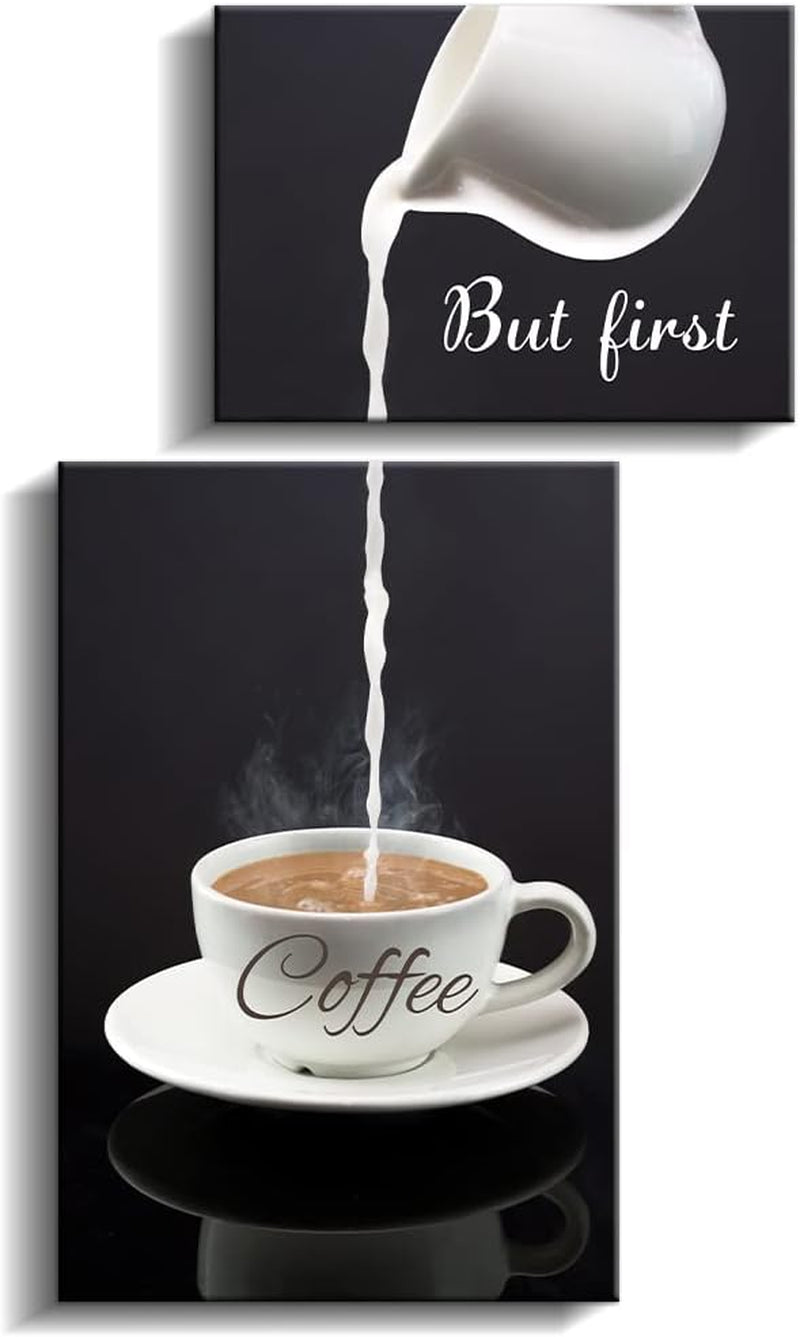 Coffee Bar Wall Decor - but First Coffee Sign - Kitchen Canvas Wall Art for Modern Home Dining Room