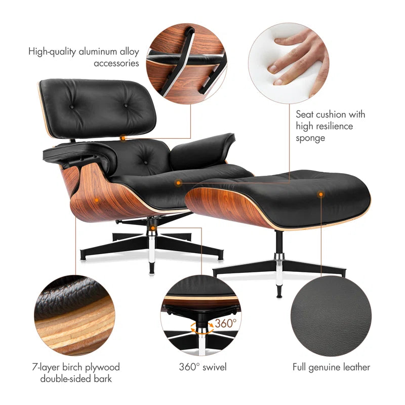 Classic Genuine Leather Swivel Lounge Chair with Ottoman for Modern Home, Solid Wood Accent Chair
