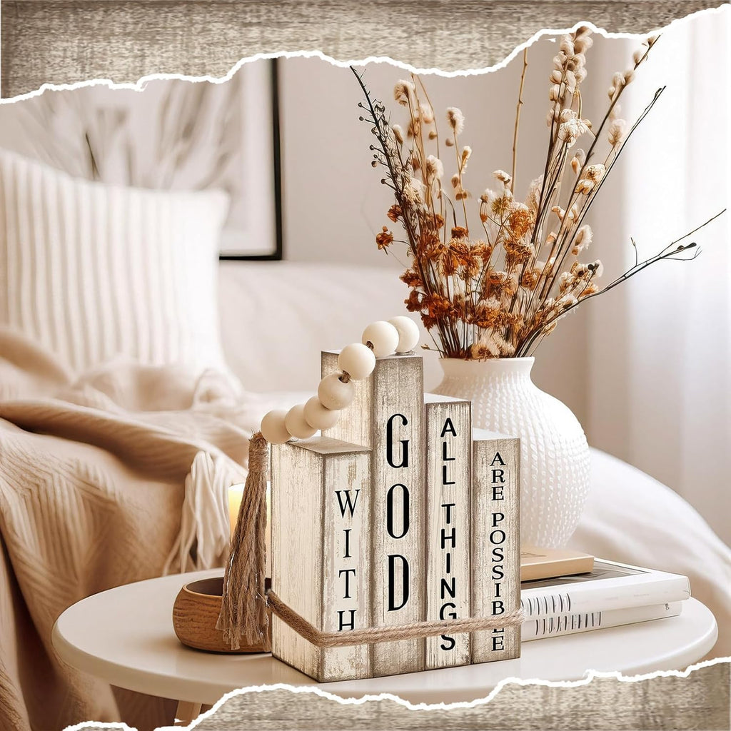 4 Pcs Christian Table Decor Wooden Book Stack Decor with God All Things Are Possible Farmhouse Centerpiece with Beaded Garland Tassel Christian Home Decorations for Office, Shelf, Gift