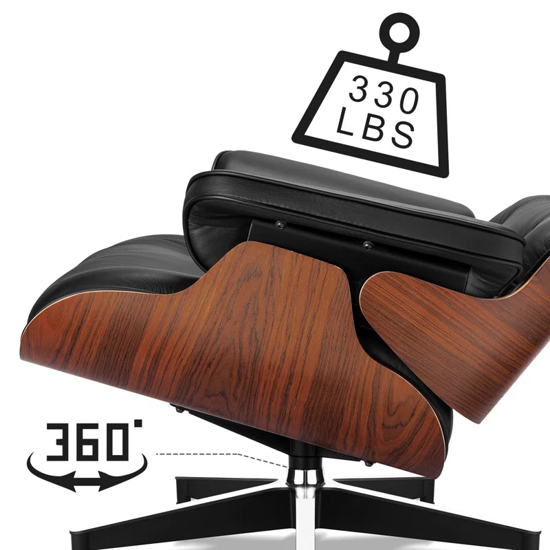 Classic Genuine Leather Swivel Lounge Chair with Ottoman for Modern Home, Solid Wood Accent Chair