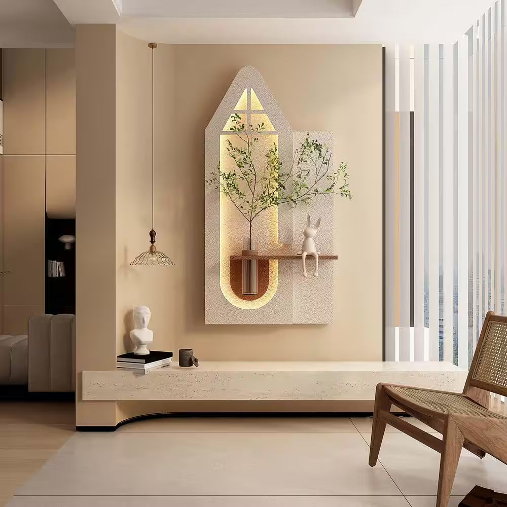 23.62 In. X 47.24 In. Adjustable Sandstone Wall Decor, Modern Decorative Painting with LED, Glass Vase, 3D Art Sculpture