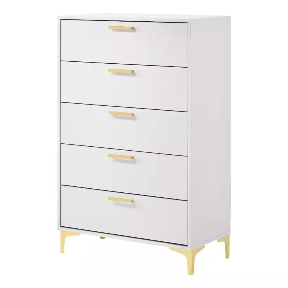 15.75 In. White and Gold 5-Drawer Wooden Tall Dresser Chest of Drawers