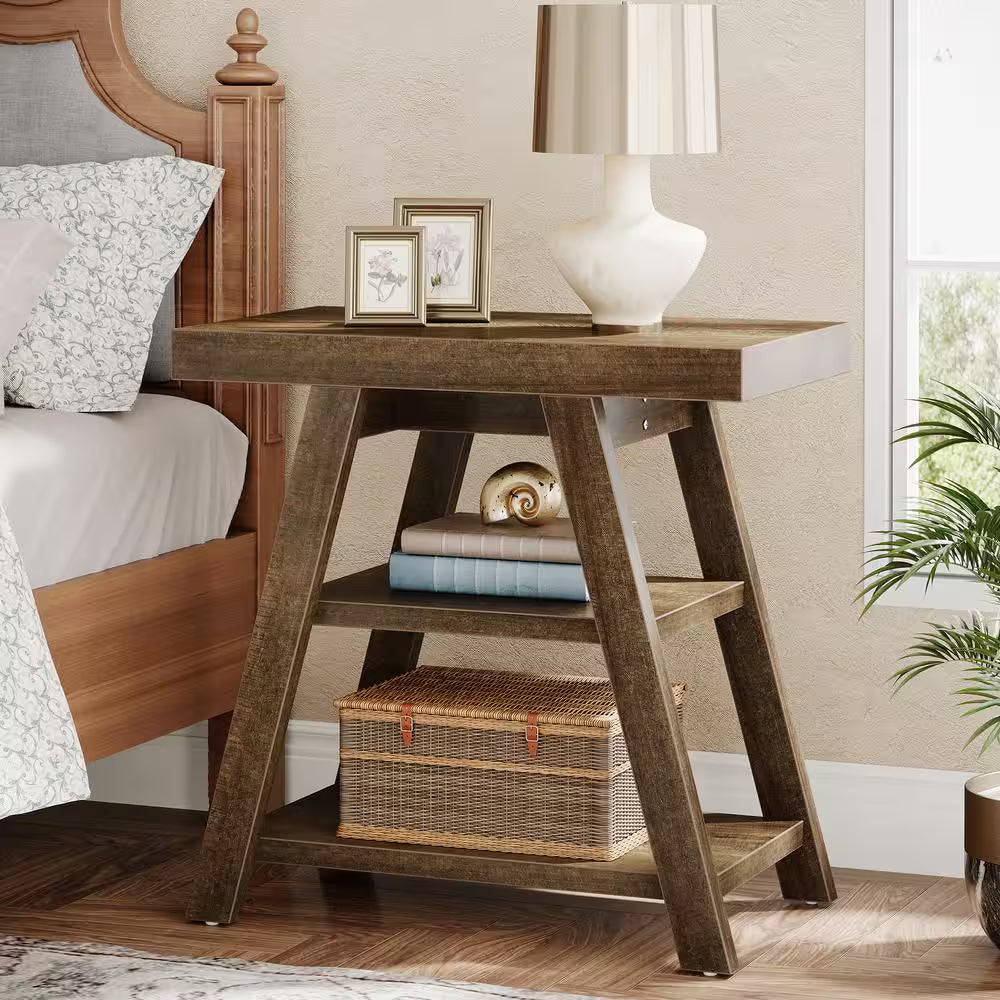 Kerlin 2PCS 23.62 In. Brown Rectangle Side Table Wood End Table with 3-Shelf Storage for Living Room, Bedroom