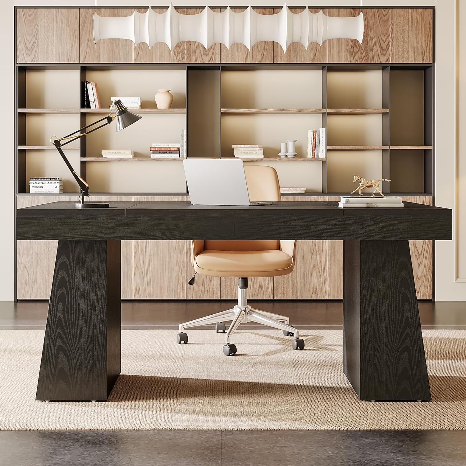 55 Inches Executive Desk, Mid-Century Modern Home Office Desk with Double Trapezoid Base