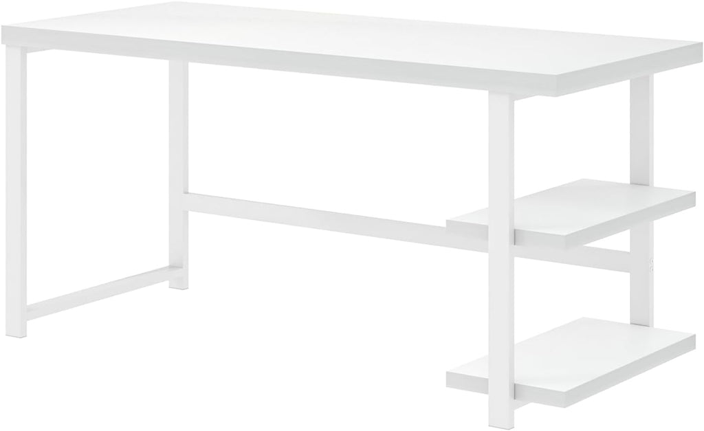 White Computer Desk, Modern Home Office Desk with Storage Shelf, Wood and Metal Writing Study Table for Living Room Bedroom, 53 Inch
