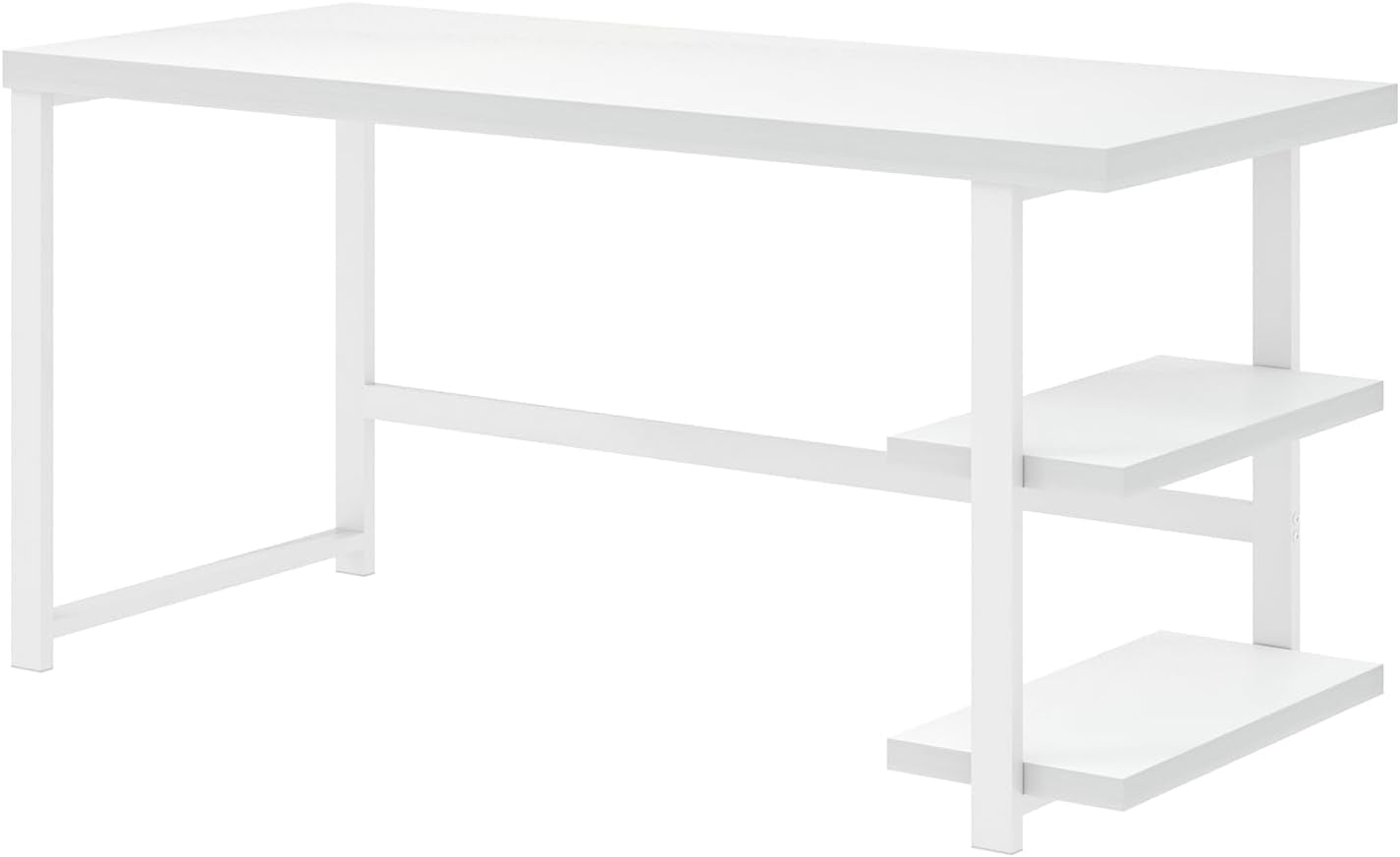 White Computer Desk, Modern Home Office Desk with Storage Shelf, Wood and Metal Writing Study Table for Living Room Bedroom, 53 Inch