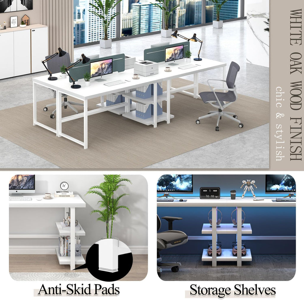 White Computer Desk, Modern Home Office Desk with Storage Shelf, Wood and Metal Writing Study Table for Living Room Bedroom, 53 Inch
