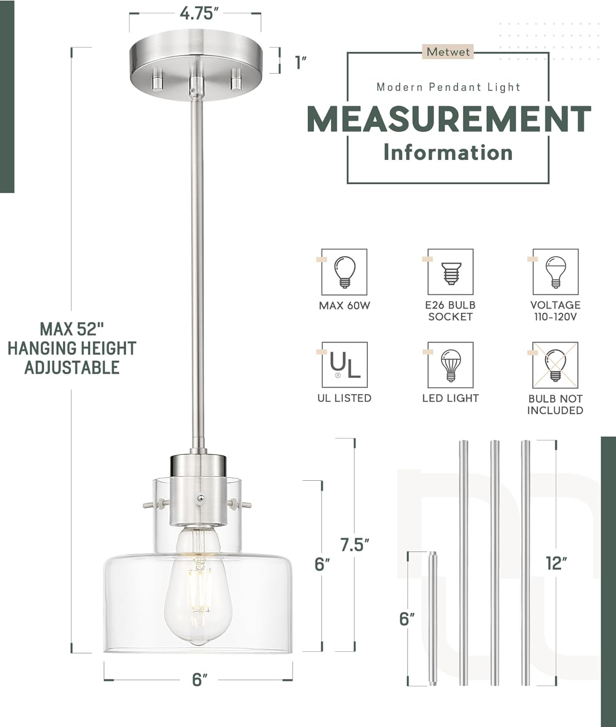 2 Pack Pendant Lights Kitchen Island, 6" Brushed Nickel Pendant Light Fixtures over Island with Clear Glass Shade, Modern Kitchen Island Lighting for Dining Room Entryway, PL124-BN-G-2PK