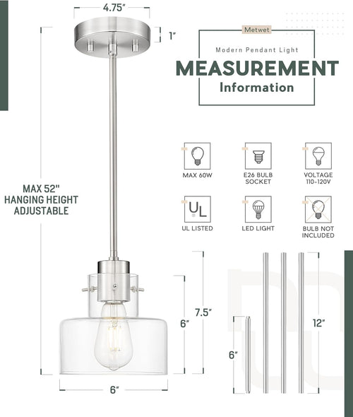 2 Pack Pendant Lights Kitchen Island, 6" Brushed Nickel Pendant Light Fixtures over Island with Clear Glass Shade, Modern Kitchen Island Lighting for Dining Room Entryway, PL124-BN-G-2PK