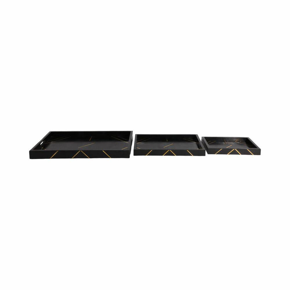 Black 13/18/24 In. Resin Wood Modern Brass Inlay Rectangle Trays