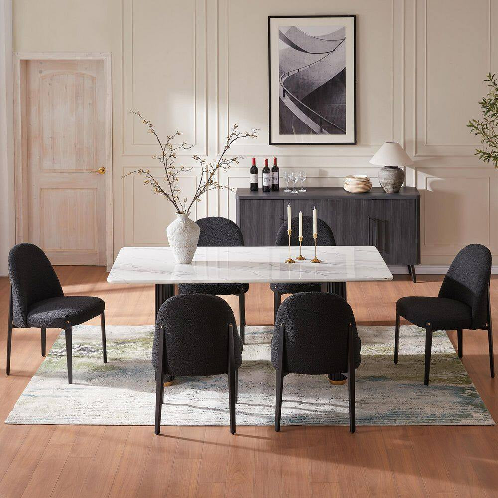 Glam 7-Piece Wood Rectangle Dining Table with Black Boucle Chairs Metal Legs Dining Room Set for Kitchen