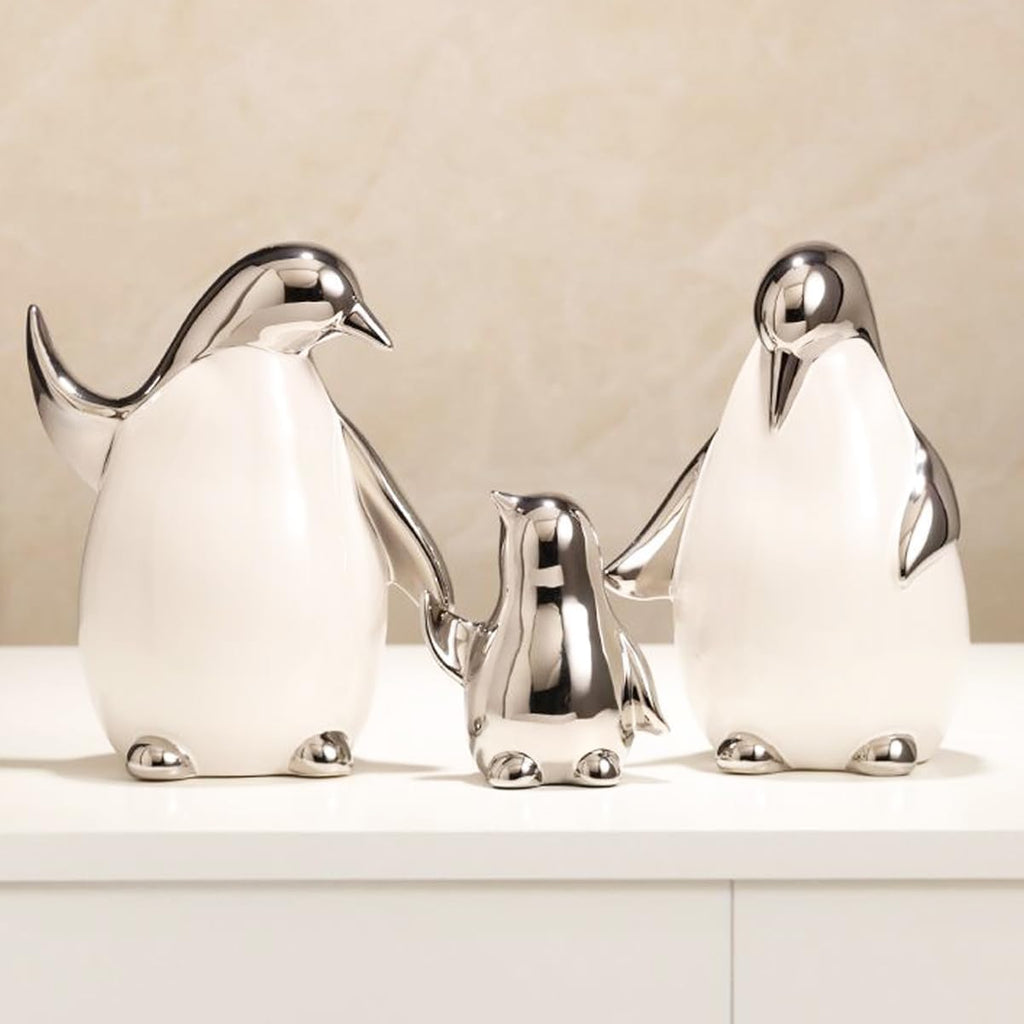 Set of 3 Ceramic Statues Aesthetic Abstract Penguins Sculpture Cute Modern Home Decor Decorative Statue for Living Room, Bedroom, Office, Table Centerpiece (White Silver)