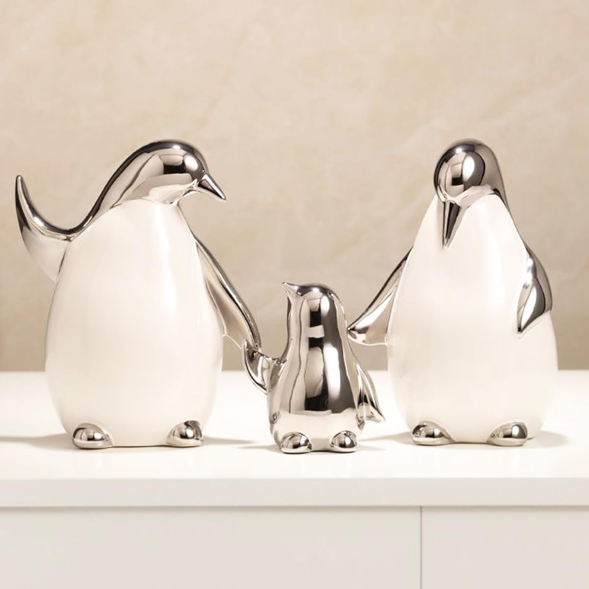 Set of 3 Ceramic Statues Aesthetic Abstract Penguins Sculpture Cute Modern Home Decor Decorative Statue for Living Room, Bedroom, Office, Table Centerpiece (White Silver)