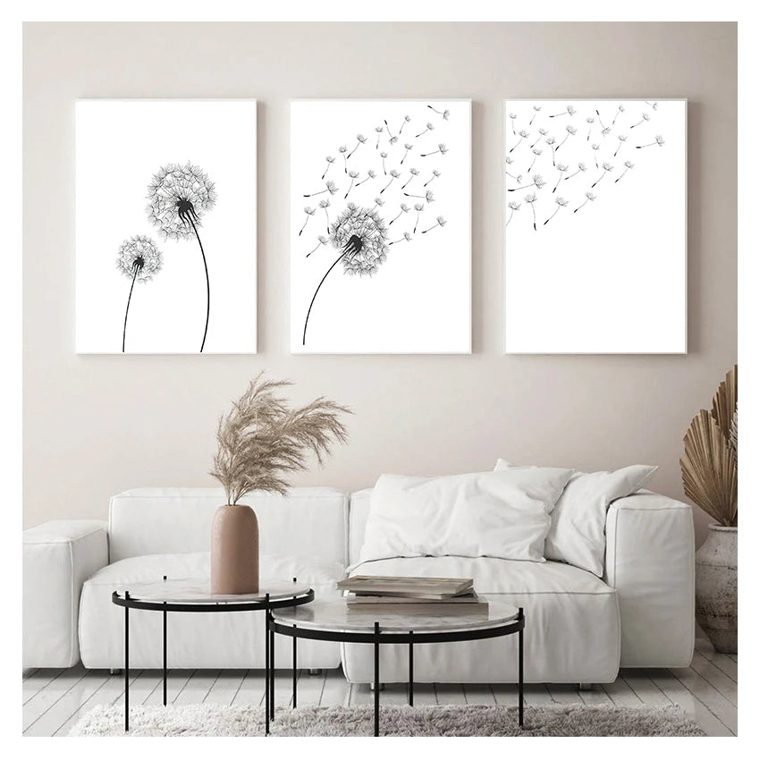 And White Minimalist Poster Prints Canvas Wall Art Painting Decoration Picture Modern Home Decor Set of 3 Dandelion Black