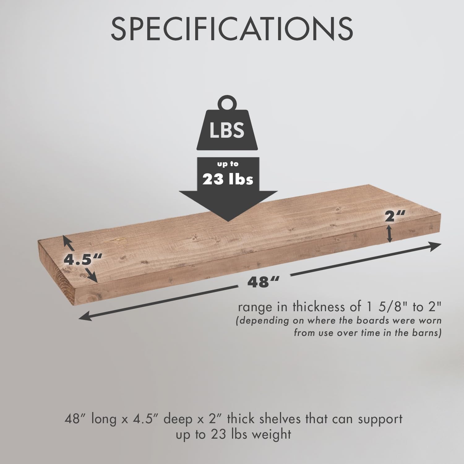Reclaimed Barnwood Planks | Floating Shelves for Wall W/Flush Mount Shelf Bracket Set Included | Set of 2 (Natural, 48" X 4.5" X 2")