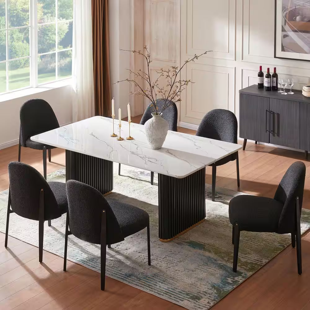 Glam 7-Piece Wood Rectangle Dining Table with Black Boucle Chairs Metal Legs Dining Room Set for Kitchen