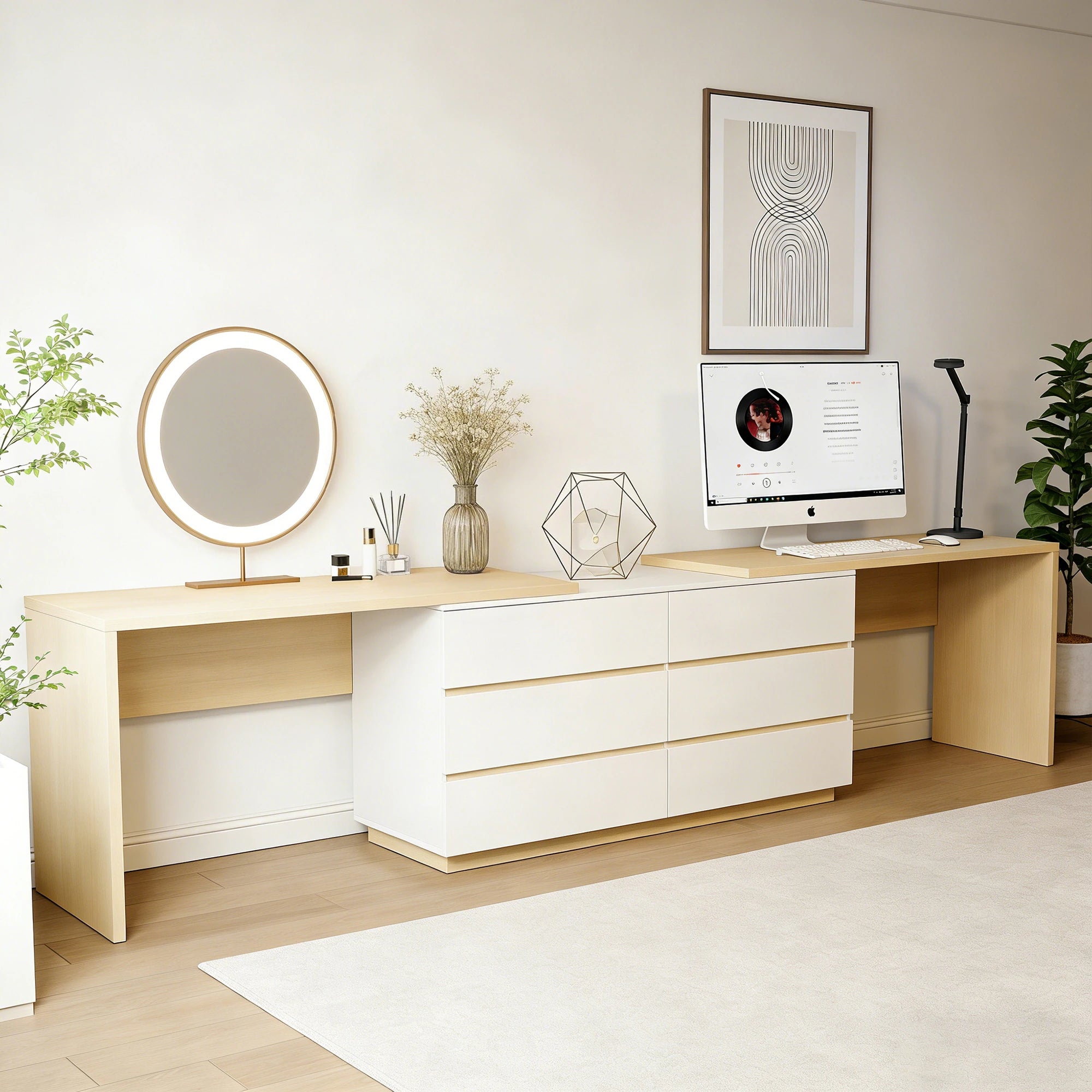 144 Inch Modern Home Office Expandable Dresser Desk with 6 Drawers for 2 Person