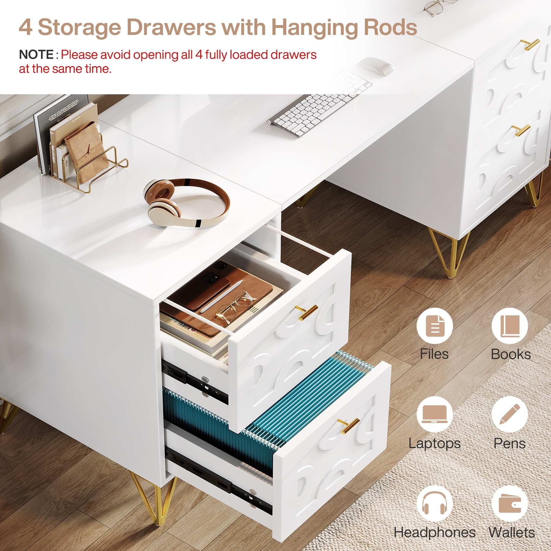 White Computer Desk with File Drawers, 59'' Modern Home Office Desk