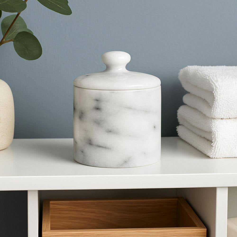 Natural Marble Cotton Ball Swab Holder Bathroom Accessory Storage Jar Canister Off-White