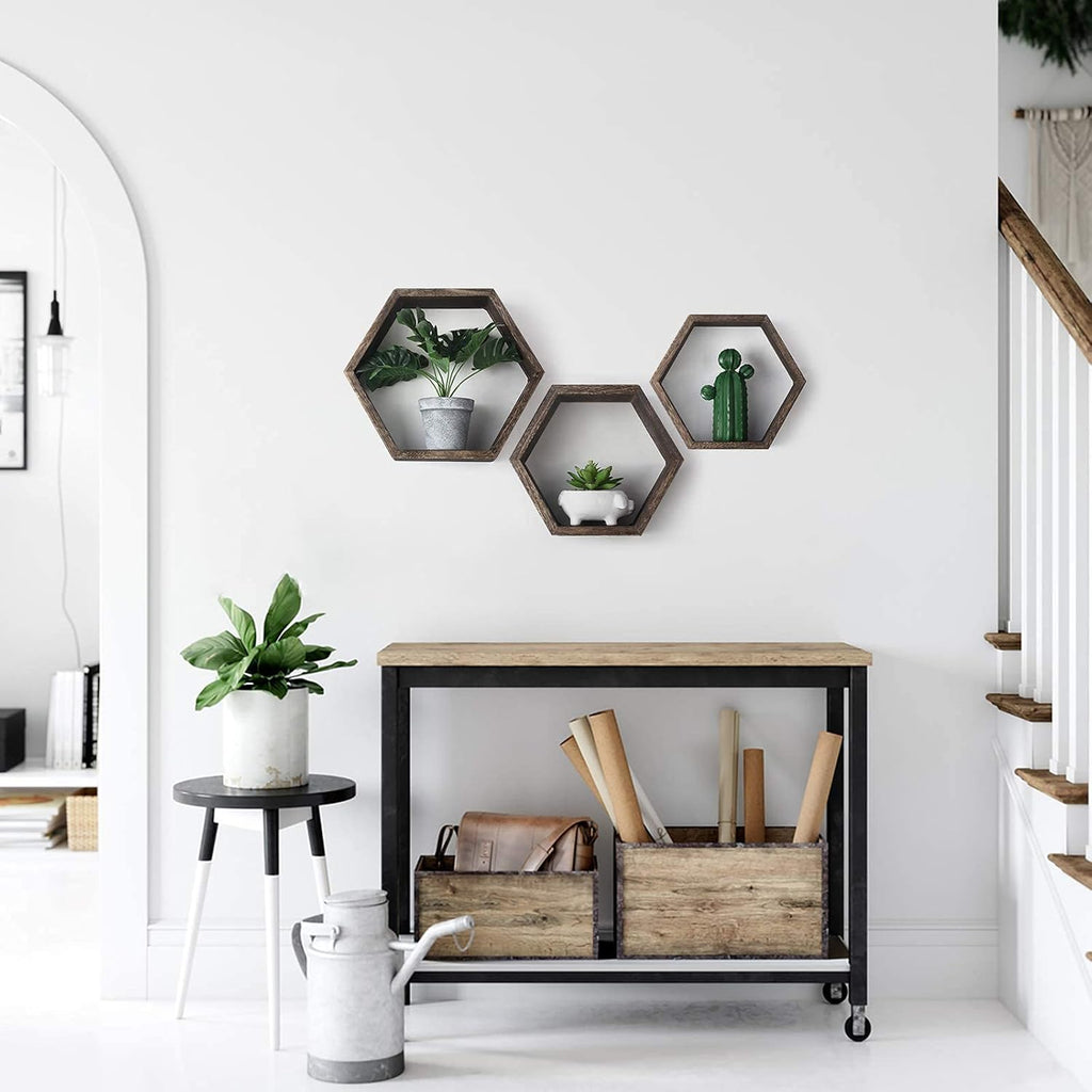 Hexagon Shelves, Set of 3 Wall Shelves Floating Shelves, Wood Display Shelves for Wall Decor, Bathroom, Kitchen, Bedroom, Living Room, Office