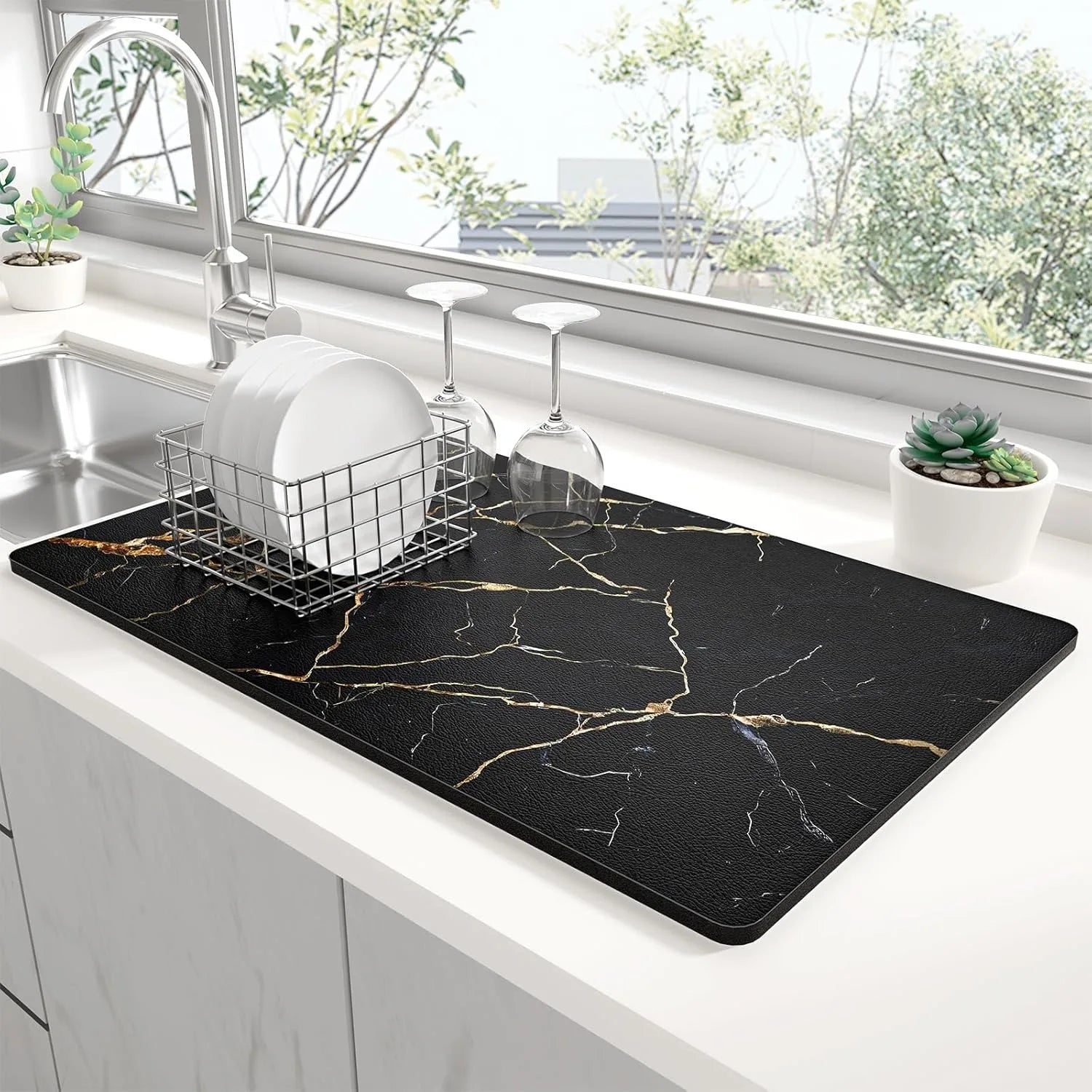 Marble Texture Kitchen Drying Mat Non-Slip Heat Resistant Countertop Pad Modern Home Decor Sink Mat for Dishes Glasses Cutlery