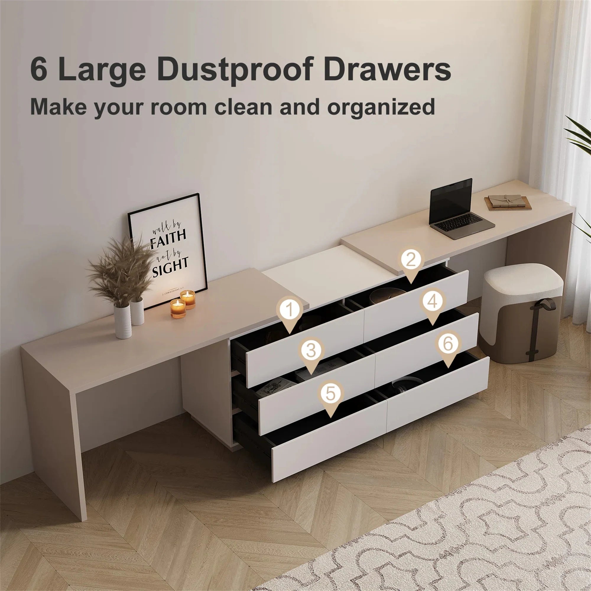 144 Inch Modern Home Office Expandable Dresser Desk with 6 Drawers for 2 Person