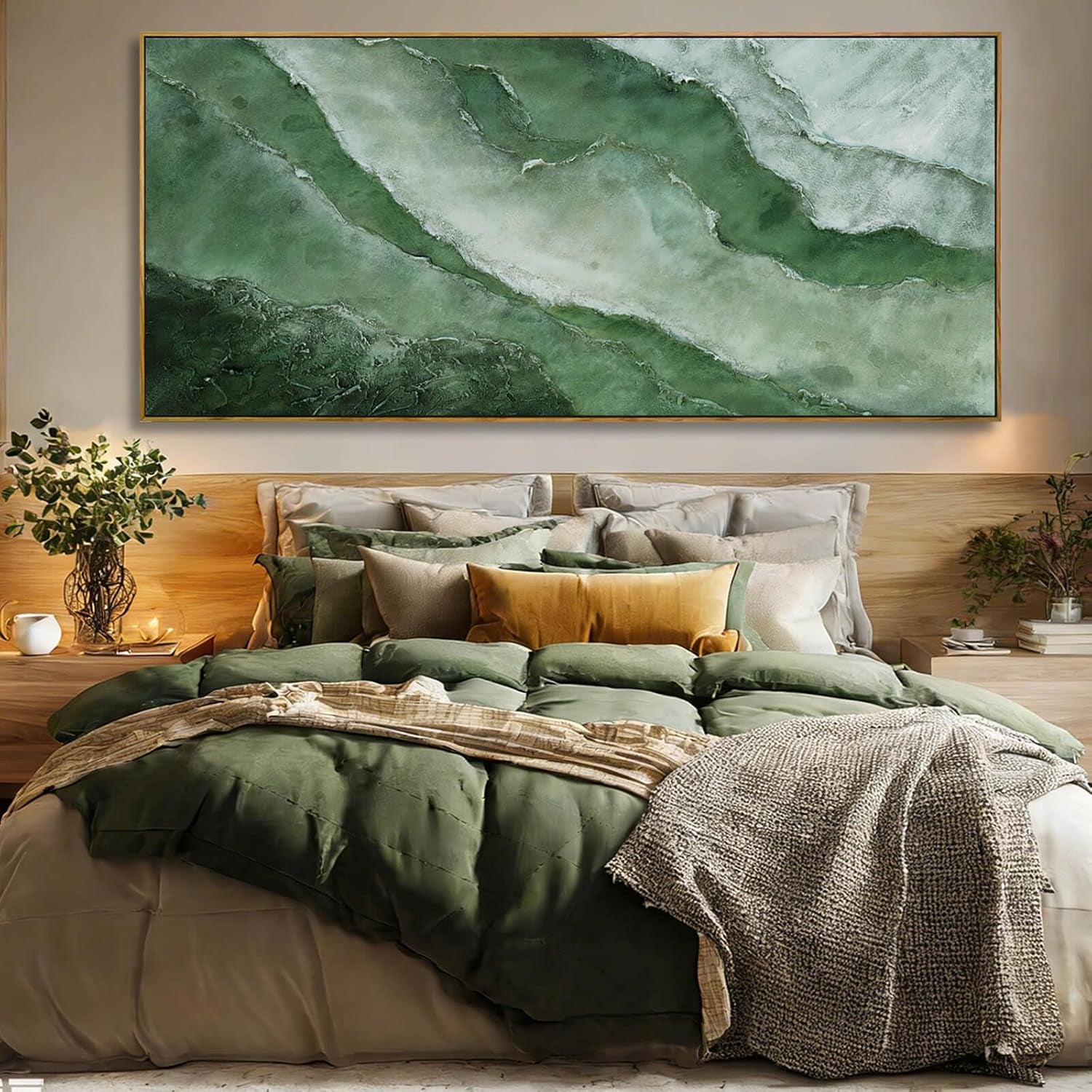 Large Canvas Wall Art 32X70 Inch, Green Landscape Style Framed Canvas Wall Art, Modern Horizontal Printed Wall Art with Wooden Frame for Living Room Decor