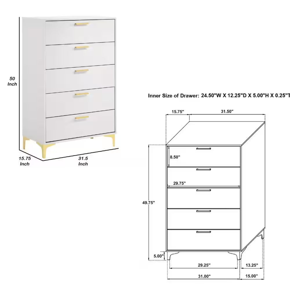 15.75 In. White and Gold 5-Drawer Wooden Tall Dresser Chest of Drawers