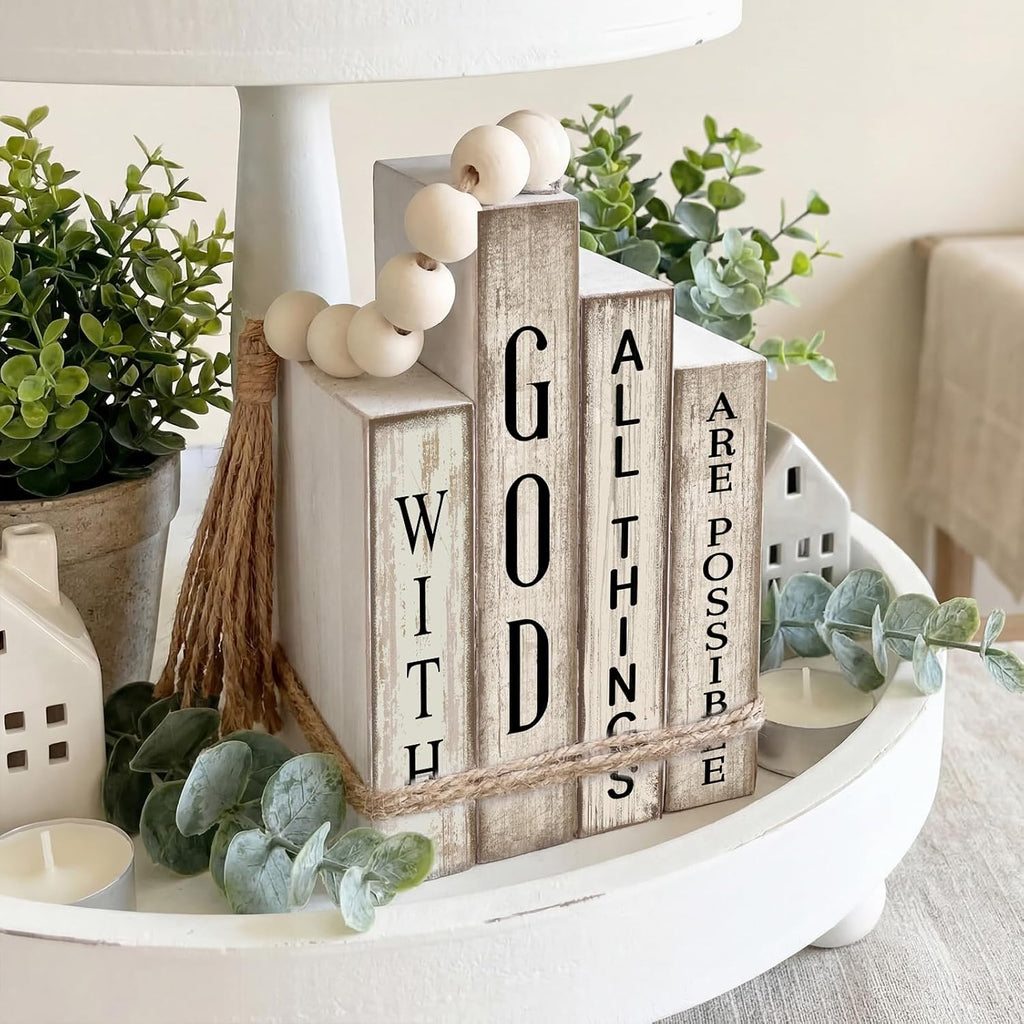 4 Pcs Christian Table Decor Wooden Book Stack Decor with God All Things Are Possible Farmhouse Centerpiece with Beaded Garland Tassel Christian Home Decorations for Office, Shelf, Gift