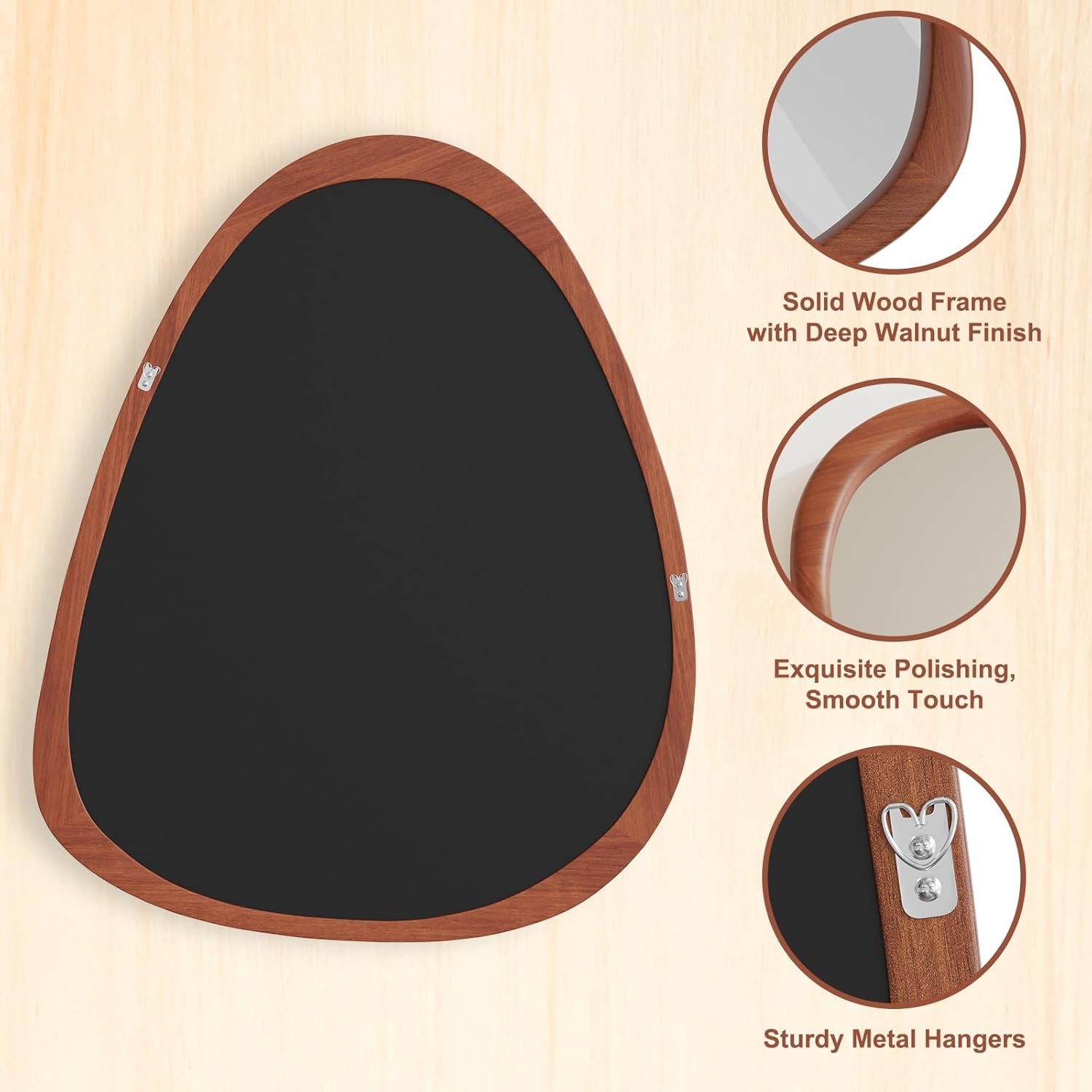 Triangular Wall Mirror, 28×34 Inches Hanging Wood Frame, Versatile for Bathroom Decor, Vanity Mirror,And Abstract Wall Art for Living Room, Walnut.