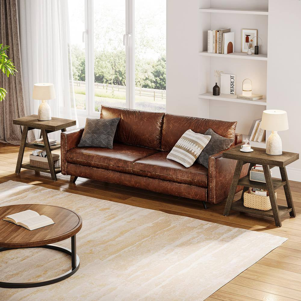 Kerlin 2PCS 23.62 In. Brown Rectangle Side Table Wood End Table with 3-Shelf Storage for Living Room, Bedroom