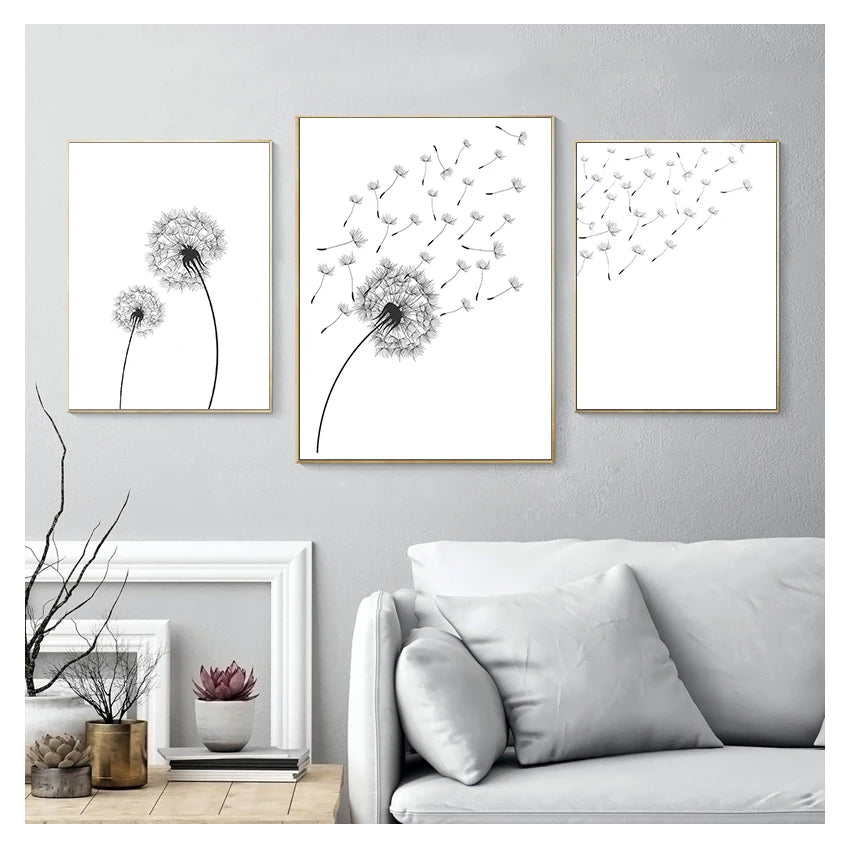 And White Minimalist Poster Prints Canvas Wall Art Painting Decoration Picture Modern Home Decor Set of 3 Dandelion Black