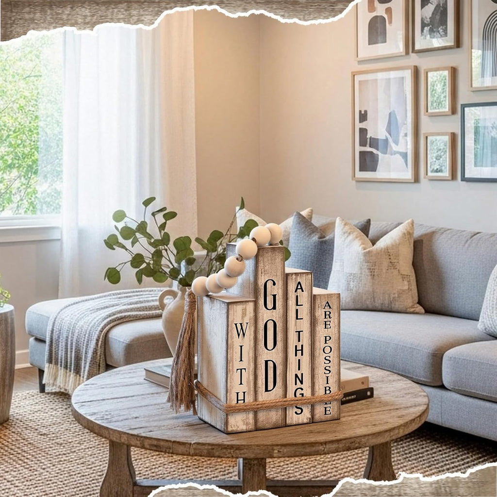 4 Pcs Christian Table Decor Wooden Book Stack Decor with God All Things Are Possible Farmhouse Centerpiece with Beaded Garland Tassel Christian Home Decorations for Office, Shelf, Gift