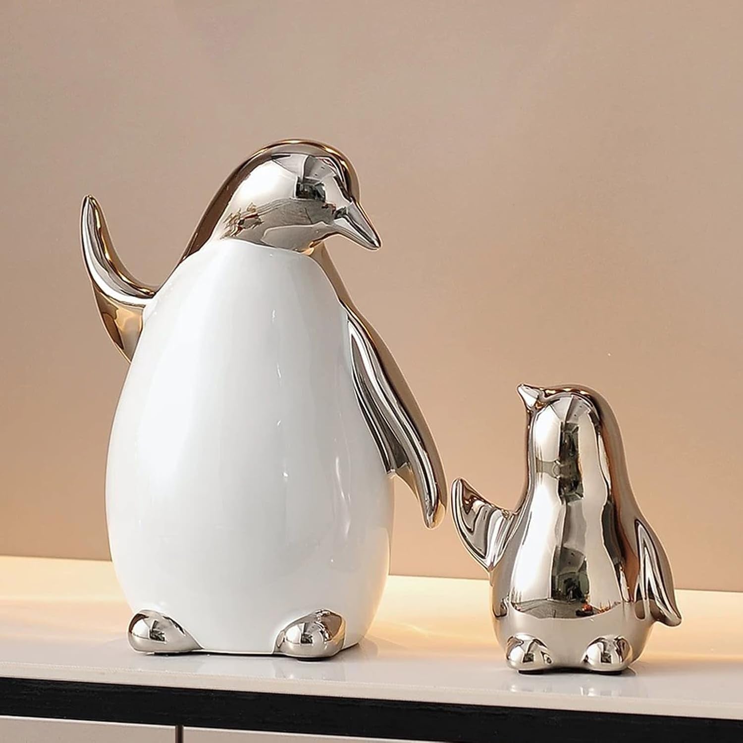 Set of 3 Ceramic Statues Aesthetic Abstract Penguins Sculpture Cute Modern Home Decor Decorative Statue for Living Room, Bedroom, Office, Table Centerpiece (White Silver)