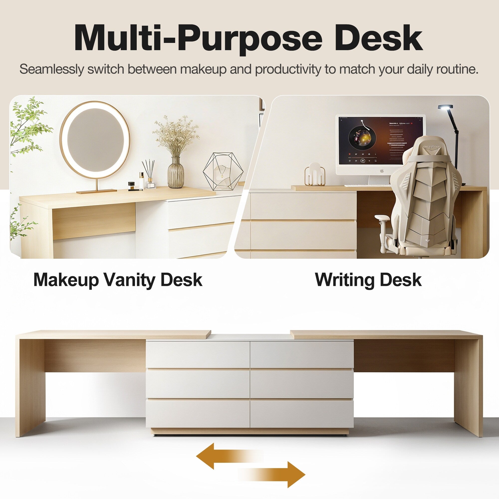 144 Inch Modern Home Office Expandable Dresser Desk with 6 Drawers for 2 Person