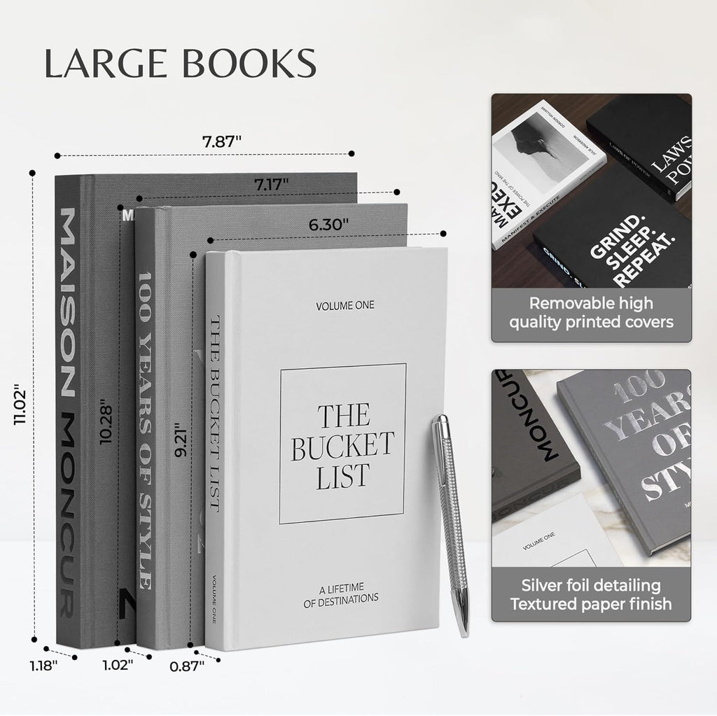 Decorative Coffee Table Books Set of 3 Black & White Design Books with Removable Covers and Real Blank Pages for Modern Home Decor, Shelf Styling and Aesthetic Interiors