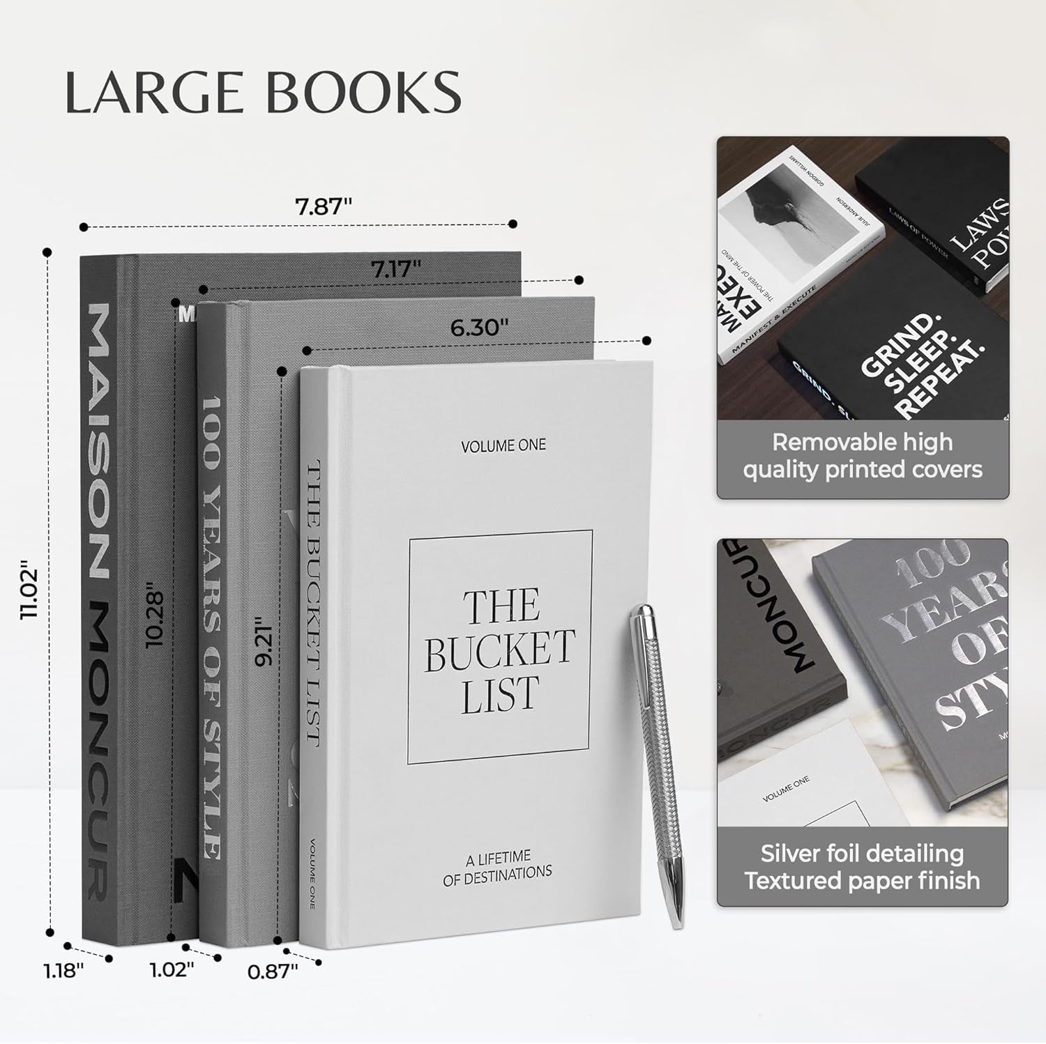 Decorative Coffee Table Books Set of 3 Black & White Design Books with Removable Covers and Real Blank Pages for Modern Home Decor, Shelf Styling and Aesthetic Interiors