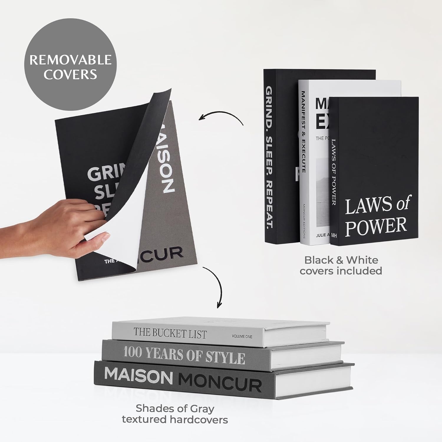 Decorative Coffee Table Books Set of 3 Black & White Design Books with Removable Covers and Real Blank Pages for Modern Home Decor, Shelf Styling and Aesthetic Interiors