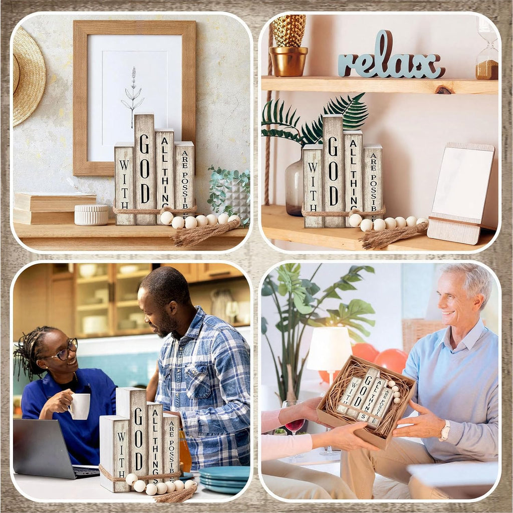 4 Pcs Christian Table Decor Wooden Book Stack Decor with God All Things Are Possible Farmhouse Centerpiece with Beaded Garland Tassel Christian Home Decorations for Office, Shelf, Gift