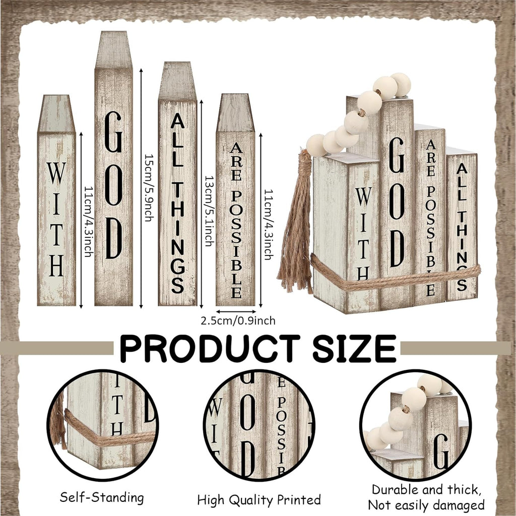 4 Pcs Christian Table Decor Wooden Book Stack Decor with God All Things Are Possible Farmhouse Centerpiece with Beaded Garland Tassel Christian Home Decorations for Office, Shelf, Gift