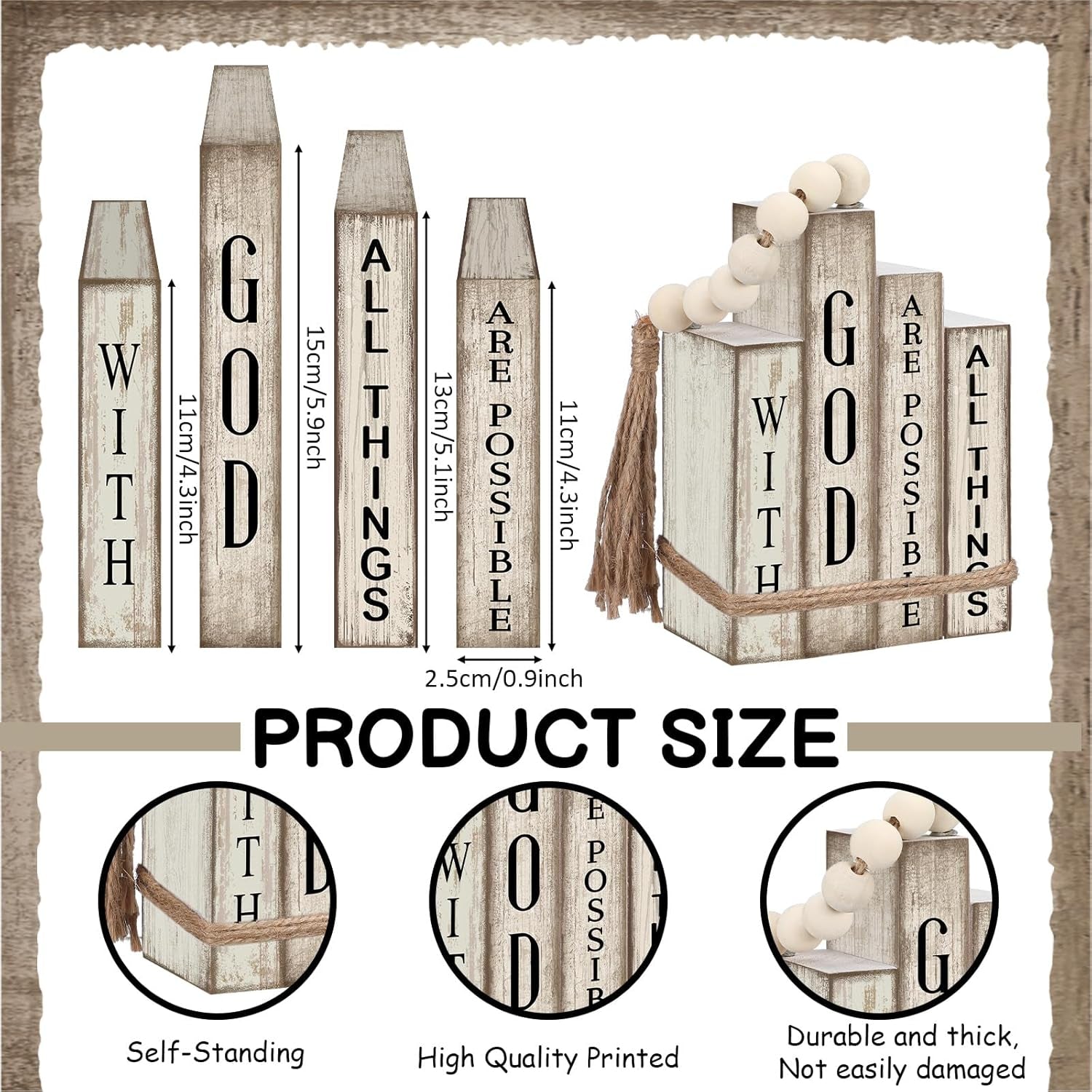 4 Pcs Christian Table Decor Wooden Book Stack Decor with God All Things Are Possible Farmhouse Centerpiece with Beaded Garland Tassel Christian Home Decorations for Office, Shelf, Gift