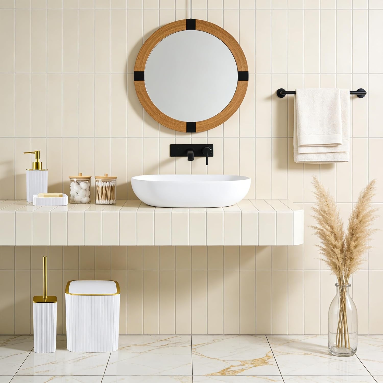 Bathroom Accessory Set White-9Pc Set with Toilet Brush, Trash Can, Soap Dispenser, Q-Tip Holder | Modern Home Bath Essentials (White, Bath Set)