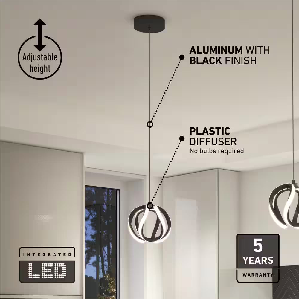 Vivaldi 16-Watt Modern Matte Black 3CCT Integrated LED Hanging Mini Pendant Light Fixture for Kitchen Island