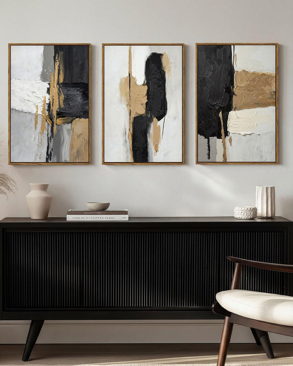 Modern Abstract Wall Art Set of 3 Black Gold Neutral Triptych Canvas Painting, Textured Hand Applied Paint Contemporary Framed Artwork 16X24, Minimalist Gallery Living Room Bedroom Office Decor