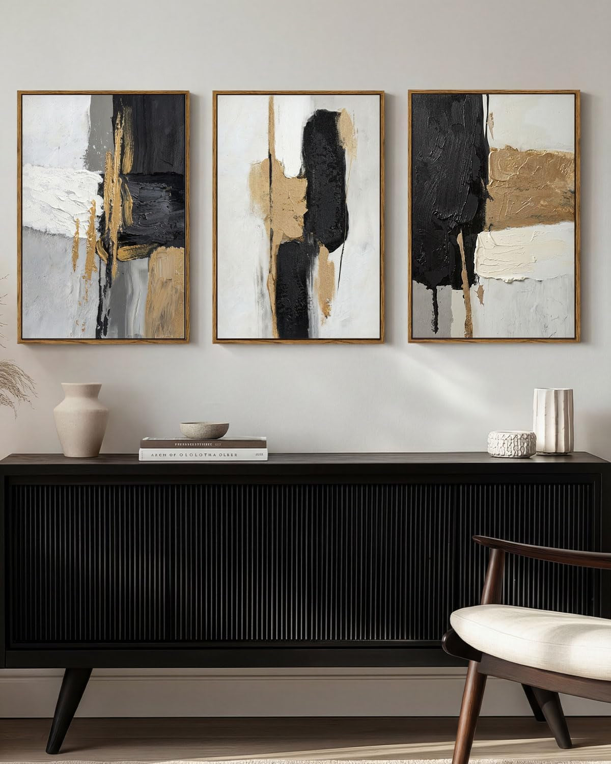 Modern Abstract Wall Art Set of 3 Black Gold Neutral Triptych Canvas Painting, Textured Hand Applied Paint Contemporary Framed Artwork 16X24, Minimalist Gallery Living Room Bedroom Office Decor