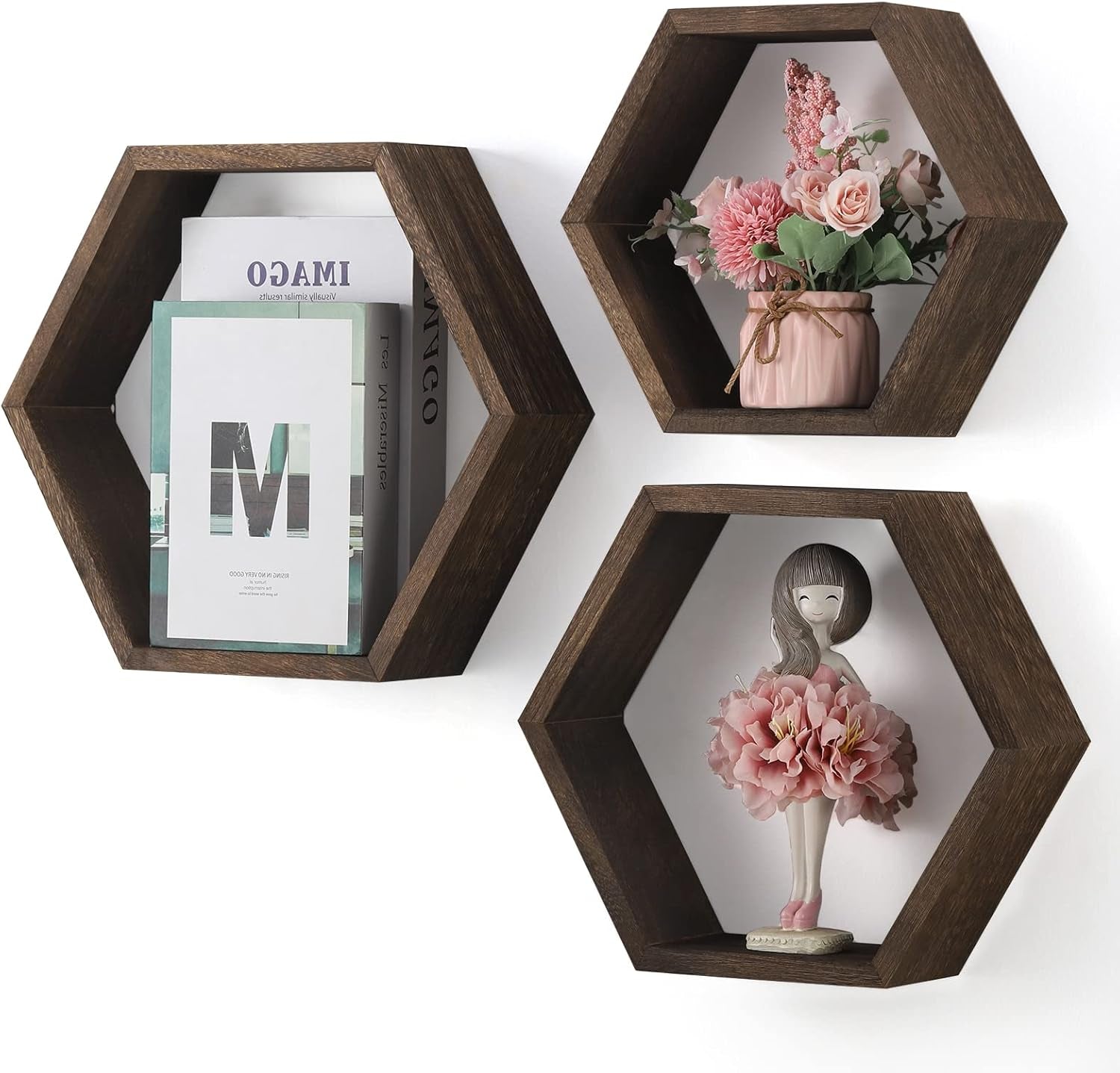 Hexagon Shelves, Set of 3 Wall Shelves Floating Shelves, Wood Display Shelves for Wall Decor, Bathroom, Kitchen, Bedroom, Living Room, Office